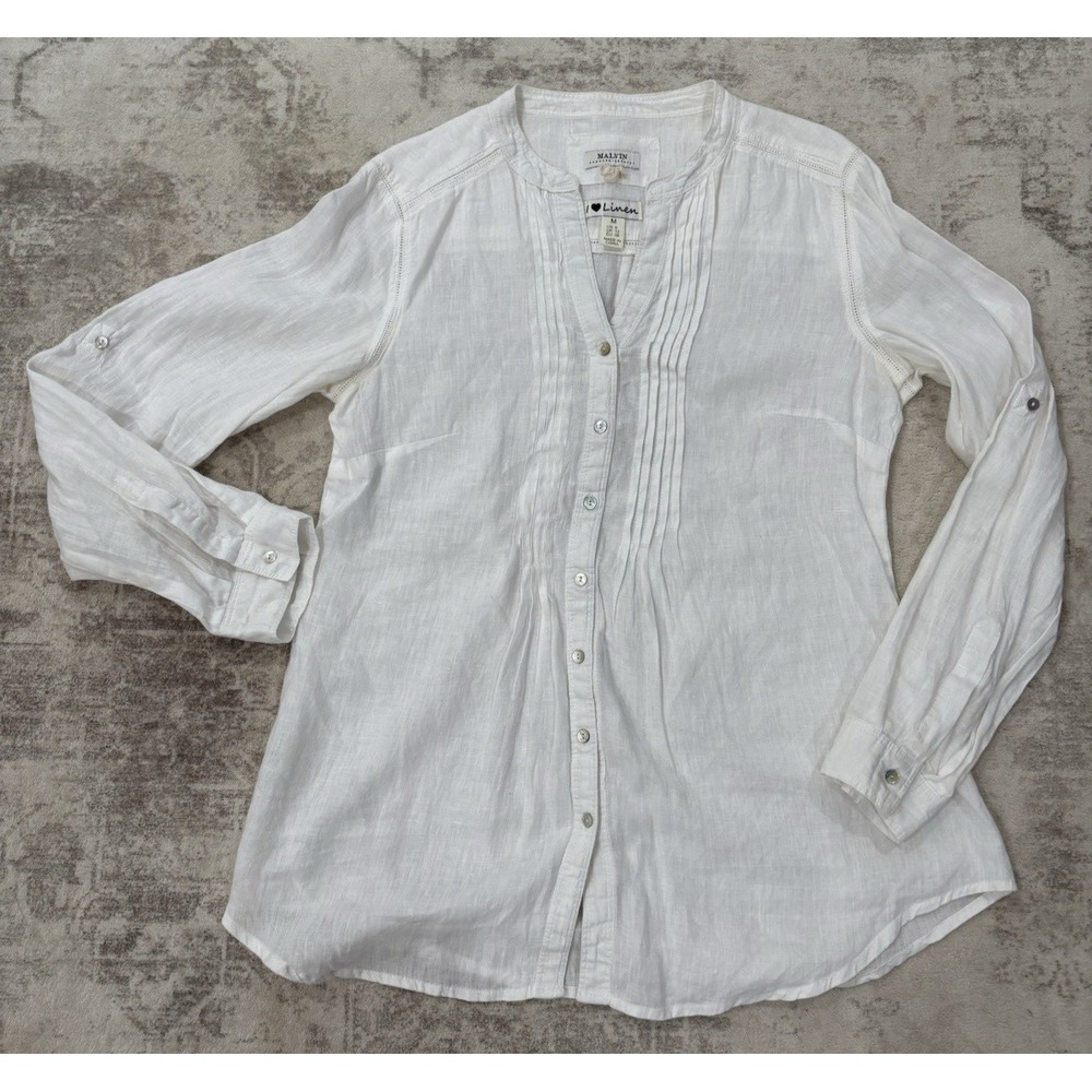 Malvin Linen Top Medium (US 8) BOHO Peasant Pintuck Button Front Tunic Blouse